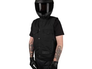 Motorcycle rider wearing black helmet and vest, showcasing protective gear and apparel for motorcycles.