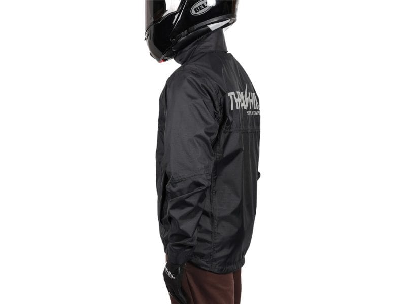 Reflective motorcycle jacket, THRASHER logo, black riding gear for motorcyclists at Revelry Motorcycles.