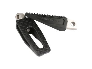 Non-slip motorcycle foot peg with textured rubber surface for enhanced grip and control.