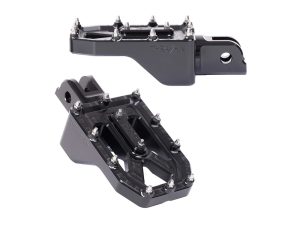 Lightweight motorcycle footpegs with durable aluminium construction for enhanced grip and style.