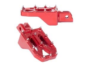 Red anodised motorcycle foot pegs for Revelry Motorcycles Australian bikes.