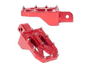 Red motorcycle foot pegs for Revelry Motorcycles, lightweight aluminium racing footrests.