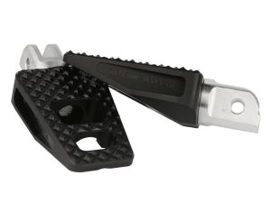 Aluminium motorcycle footpeg with rubber grip, rugged design for Revelry Motorcycles.