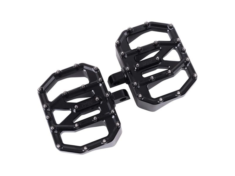 High-quality black motorcycle footpegs with aluminium construction for Revelry Motorcycles.