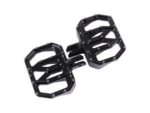 High-performance black motorcycle foot pegs, durable aluminium construction for Revelry Motorcycles.