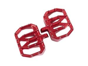 Red motorcycle foot pegs with aluminium construction, designed for Revelry Motorcycles.