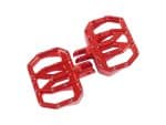 Red aluminium motorcycle foot pegs for Revelry Motorcycles, durable and lightweight racing accessories.