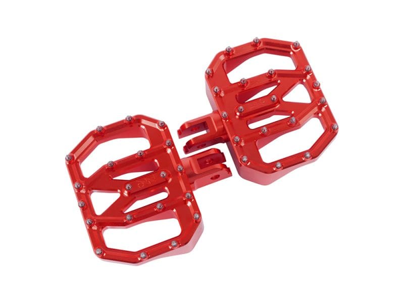 Aggressor Mini Floorboards - Red. Fits Softail 2018up Front Rider Red aluminium motorcycle foot pegs for Revelry Motorcycles, durable and lightweight racing accessories.