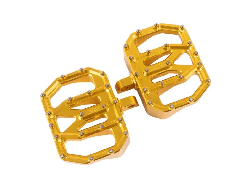 Aggressor Mini Floorboards with HD Male Mount - Gold Bright yellow motorcycle foot pegs with metallic accents for Revelry Motorcycles.