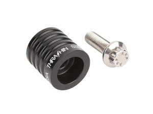 High-performance motorcycle chain tensioner, black aluminium with mounting bolt, for Ducati and Honda bikes.