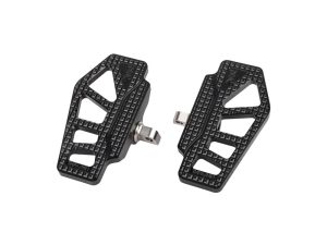 Compact black motorcycle foot pegs with textured surface for Revelry Motorcycles.