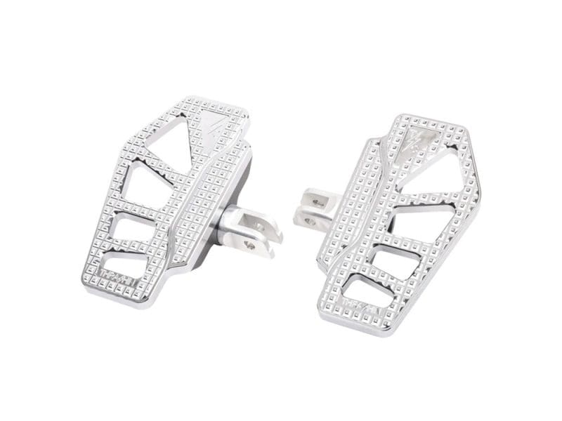 Apex Mini Floorboards - Chrome. Fits Softail 2018up Front Rider Aluminium motorcycle footpegs with engraved grip pattern for Revelry Motorcycles Australia.