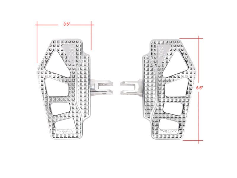 Aluminium motorcycle footpegs with textured grip surface for enhanced control and durability.
