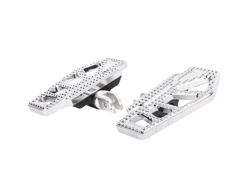 Aluminium motorcycle foot pegs, rugged design for Revelry motorcycles, durable aftermarket riding accessories.