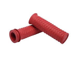 Vivid red motorcycle handlebar grips with textured grip pattern for enhanced control and comfort.