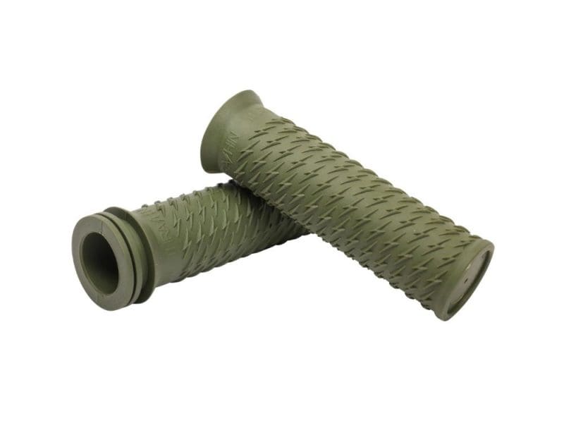 Rubber motorcycle handlebar grips with textured surface for enhanced grip and comfort.