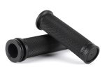 Rubber handlebar grips for motorcycles, black textured finish, durable and comfortable.