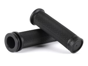 Rubber handlebar grips for motorcycles, black textured finish, durable and comfortable.