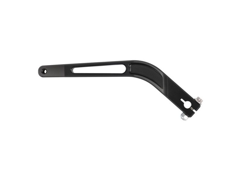 Aluminium brake arm for motorcycles, black anodised, lightweight, durable, suitable for custom motorcycle builds.
