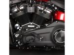 High-performance Harley-Davidson motorcycle engine with black matte finish and chrome details.