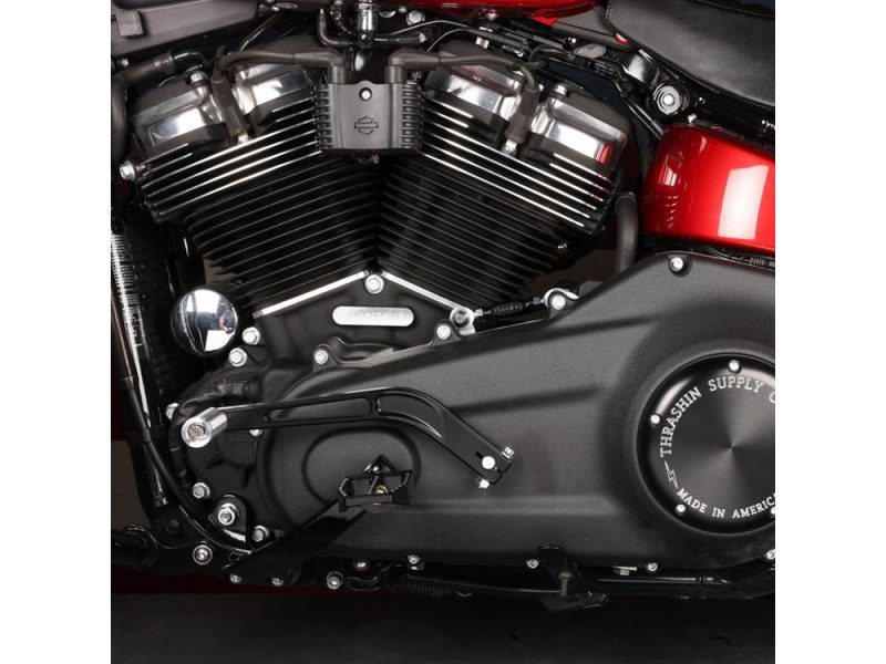 High-performance Harley-Davidson motorcycle engine with black matte finish and chrome details.