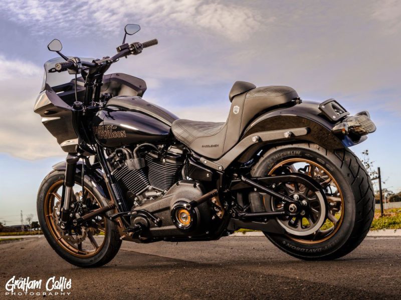 Harley Davidson motorcycle, black custom cruiser, ideal for bikers, Revelry Cycles Australia.