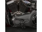V-twin motorcycle engine with black and chrome finish, high-performance bike parts.