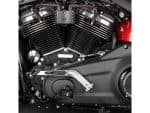 V-twin motorcycle engine with black and chrome accents for Harley Davidson bikes.