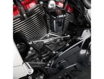 V-twin motorcycle engine close-up, black and chrome detailing, high-performance cruiser bike part.