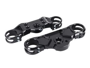 Lightweight black motorcycle handlebar risers for enhanced riding comfort and control.