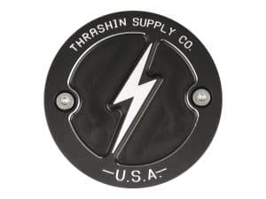 Lightning bolt logo metal motorcycle fuel cap - Thrasher Supply Co, USA.