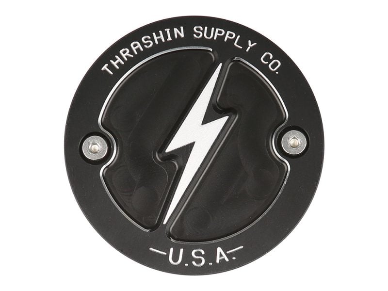 Lightning bolt logo metal motorcycle fuel cap - Thrasher Supply Co, USA.