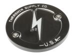 Black motorcycle fuel cap with lightning bolt logo and "Transpaishin Supply Co. U.S.A." text.