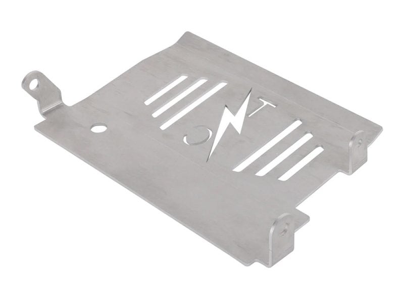 Aluminium motorcycle radiator guard with lightning bolt design, durable protective motorcycle accessory, Revelry Motorcycles.