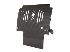 Dark carbon fibre motorcycle radiator guard with lightning bolt design for Revelry Motorcycles.