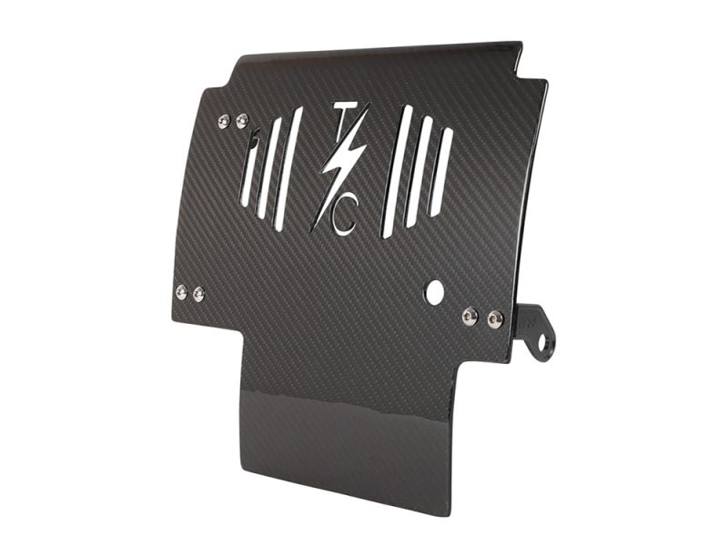 Skid Plate - Carbon Fibre Gloss Weave. Fits CVO Touring 2023up & Street Glide & Road Glide 2024up Dark carbon fibre motorcycle radiator guard with lightning bolt design for Revelry Motorcycles.