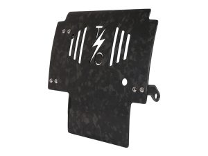 Carbon fibre motorcycle radiator guard from Revelry Motorcycles for enhanced bike protection and style.