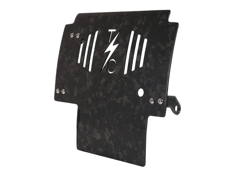 Skid Plate - Carbon Fibre Forged Weave. Fits CVO Touring 2023up & Street Glide & Road Glide 2024up Carbon fibre motorcycle radiator guard from Revelry Motorcycles for enhanced bike protection and style.