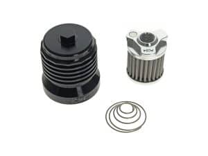 Black motorcycle oil filter cover with replacement filter for Revelry Motorcycles Australia.