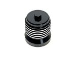 Black motorcycle oil filler cap with white stripes for Revelry Motorcycles.
