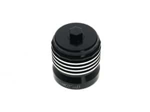 Aluminium motorcycle radiator cap with black finish and white stripes, designed for Revelry Motorcycles.