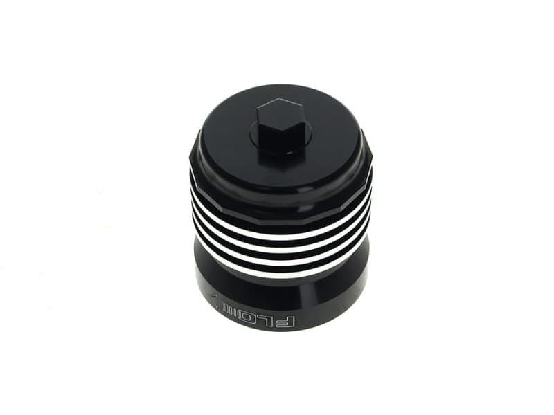FLO Reusable Oil Filter - Black. Fits Pan America 2021up Aluminium motorcycle radiator cap with black finish and white stripes, designed for Revelry Motorcycles.