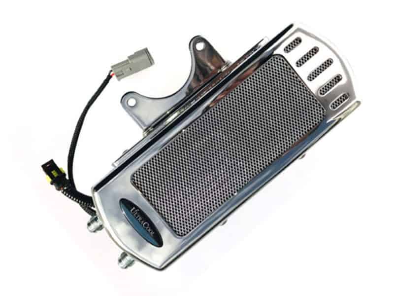 Fan Assisted Side Mount Oil Cooler Kit - Chrome. Fits Softail 1985-2017 High-performance motorcycle radiator for optimal cooling and engine efficiency.