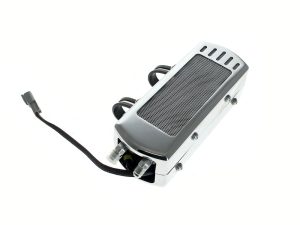 Aluminium motorcycle water pump with black insulated wiring and mounting bolts for Revelry Motorcycles.