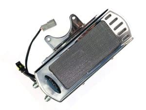 High-performance motorcycle air intake system with chrome finish and advanced filtration.