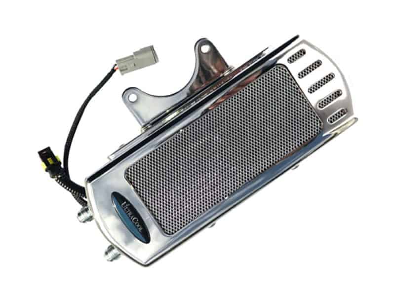 Fan Assisted Side Mount Oil Cooler Kit - Chrome. Fits Touring 2017-2024 with Harley-Davidson Full Size Engine Guard High-performance motorcycle cooling system compatible with Revelry Motorcycles Australia.