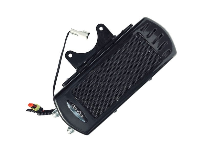 Fan Assisted Side Mount Oil Cooler Kit - Gloss Black. Fits Touring 2017-2024 with Harley-Davidson Full Size Engine Guard High-performance motorcycle radiator for Revelry Motorcycles, cooling systems, and engine efficiency.