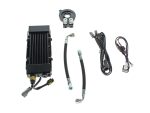 High-performance motorcycle oil cooler kit with hoses and wiring for Revelry Motorcycles.