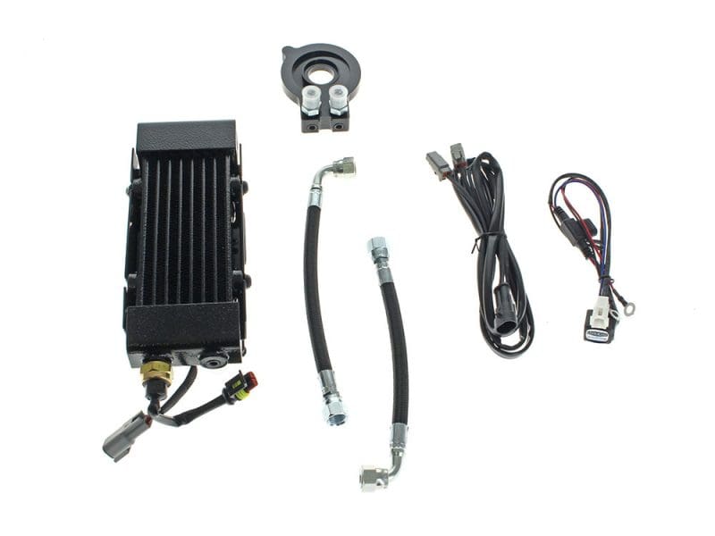 High-performance motorcycle oil cooler kit with hoses and wiring for Revelry Motorcycles.