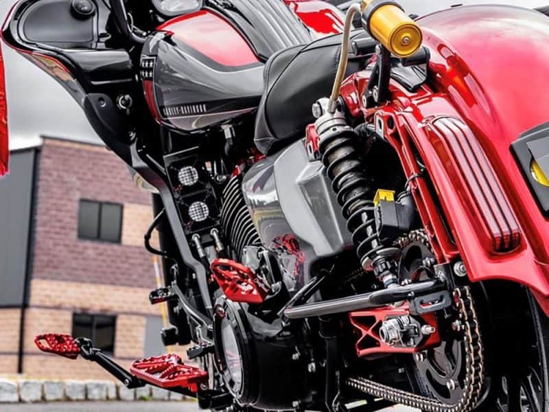 High-performance motorcycle with sleek black and red design, perfect for enthusiasts.